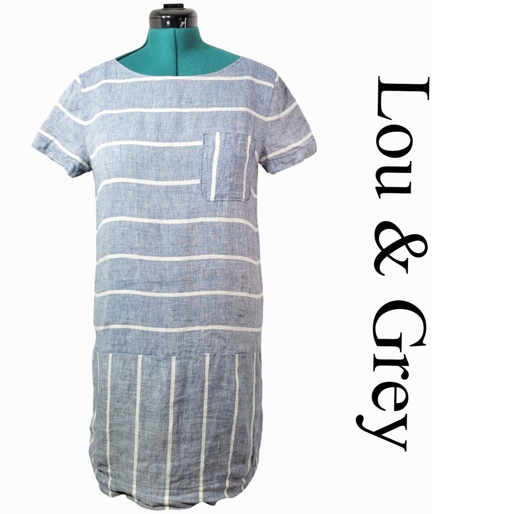 Lou & Grey LOFT Dress M Blue 100% Linen Striped Short Sleeve Shift Coastal‎ Chic
